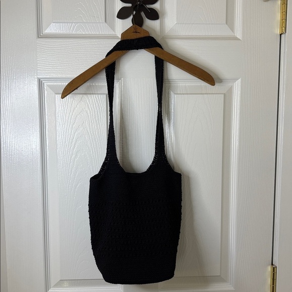 Black Slouch Crochet Knit Shoulder Bag with Snap Closure and inside Open Pocket - Picture 4 of 12